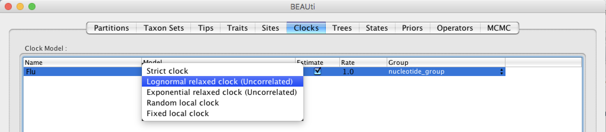Specify clock model in BEAUTi